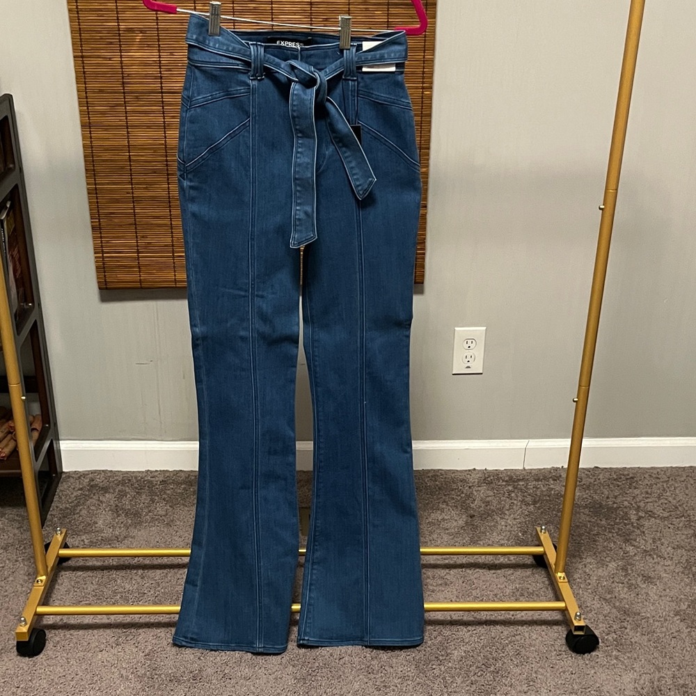 Express Dark Blue Flare Jeans with Tie Belt